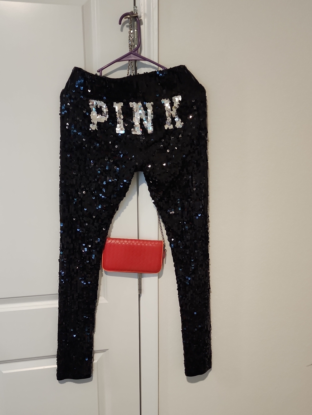 PINK Victoria's Secret Black Sequin Leggings with Silver Logo